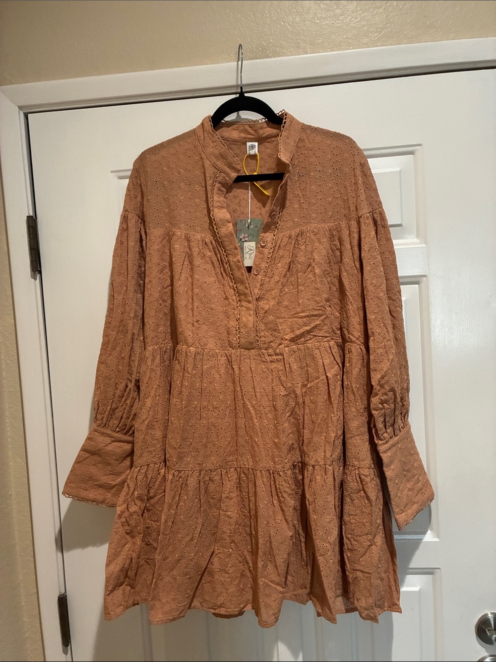 Roui Boho Tiered eyelet Long Sleeve Dress in Dusty Peach